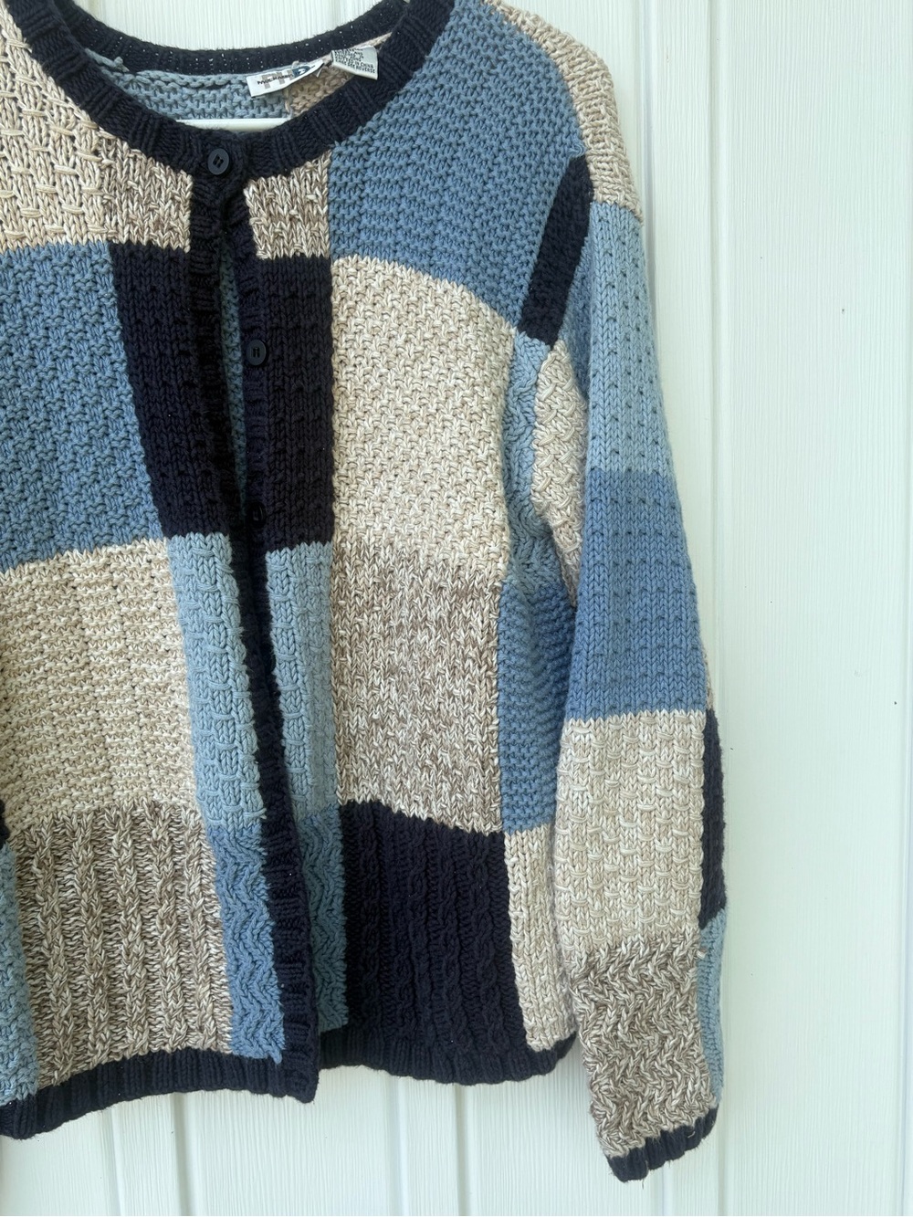 Vintage Chunky Patchwork Knit Colorblock Cardigan Sweater Blue Beige Boho - Picture 3 of 9